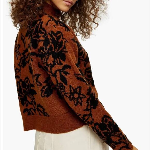 Topshop Floral Jacquard Sweater M | Brown Cinnamon Black Mockneck Soft Pullover - Picture 7 of 14